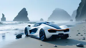 Witte Hypercar op Mistige Oceaankust 4K Wallpaper