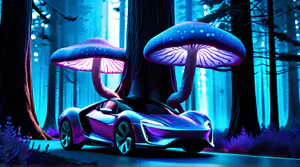 Paarse Hypercar onder Gloeiende Paddestoelen in Blauw Bos 4K Wallpaper