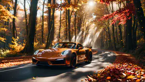 Bronzen Sportwagen op Schilderachtige Herfstweg met Gouden Zonnestralen
