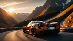 Bronzen Supercar op Bergpas tijdens Gouden Alpenzondsondergang