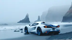 Witte Hypercar Achterkant op Mistige Oceaankust 4K Wallpaper