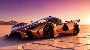 Amber-Bronskleurige Hypercar in Magisch Paars-Oranje Zoutvlakte Zonsondergang