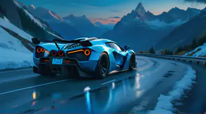Blauwe Supercar op Natte Alpenpas in Avondlicht 4K Wallpaper