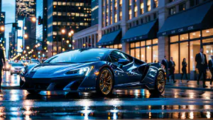 Diepblauwe Supercar met Gouden Velgen in Regenachtig Stadscentrum bij Avond