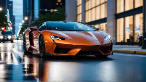 Metallic Oranje Supercar in Regenachtige Stadsavond met Blauwe Reflecties