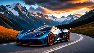 SEO Titel: Blauwe Hypercar op Bergweg bij Zonsondergang Wallpaper 4K