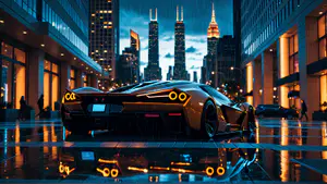 Bronzen Hypercar in Regenachtige Metropool met Iconische Skyline
