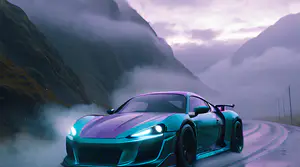 Turquoise-Paars Kleurwisselende Hypercar op Mistige Bergpas 4K Wallpaper