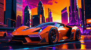 Oranje Hypercar in Cyberpunk Stad 4K Wallpaper