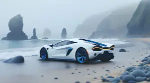 Witte Hypercar met Blauwe Accenten op Mistig Strand 4K Wallpaper