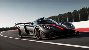 Zwarte Hypercar Met Rode Accenten Op Circuit 4K Wallpaper
