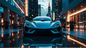 Zilvergrijze Hypercar met Futuristische Koplampen in Nachtelijk Stadscentrum