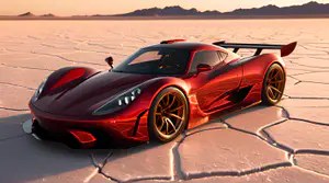 Vuurrode Hypercar op Uitgestrekte Zoutvlakte bij Zonsondergang 4K Wallpaper