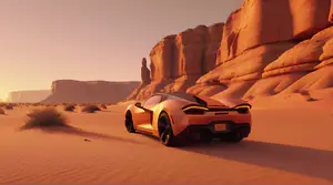 Witte Supercar in Woestijnzonsondergang 4K Wallpaper
