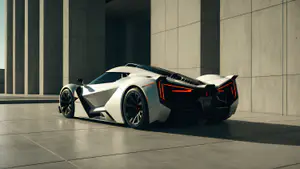 Wit-Geometrische Concept Hypercar met Rode Lichtaccenten in Minimalistische Betonarchitectuur
