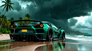 Turquoise Supercar met Oranje Achterlichten in Tropische Regenstorm