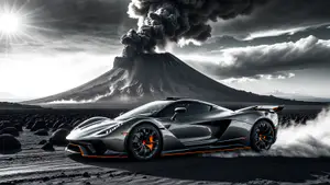 Zilvergrijze Hypercar met Oranje Accenten voor Uitbarstende Vulkaan
