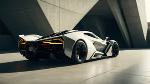 Witte Futuristische Hypercar met Gele Lichtaccenten in Minimalistische Betonarchitectuur