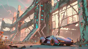 Futuristische Hypercar in Post-Apocalyptisch Landschap 4K Wallpaper