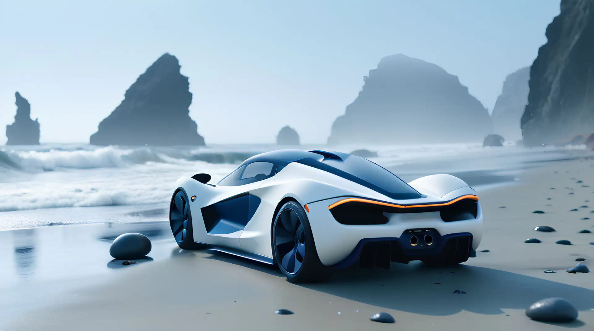 Witte Hypercar op Mistige Oceaankust 4K Wallpaper