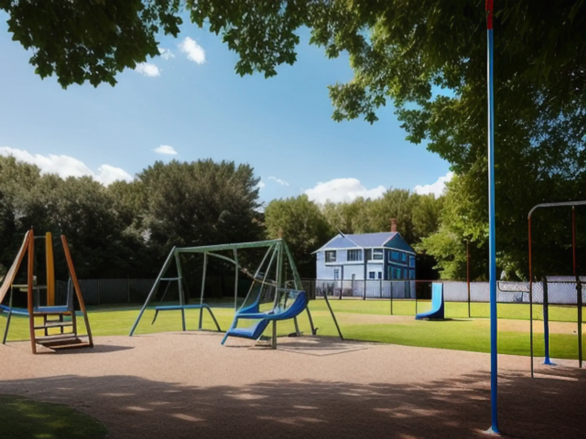 Zonnige speeltuin met schommels bij karakteristiek blauw clubgebouw
