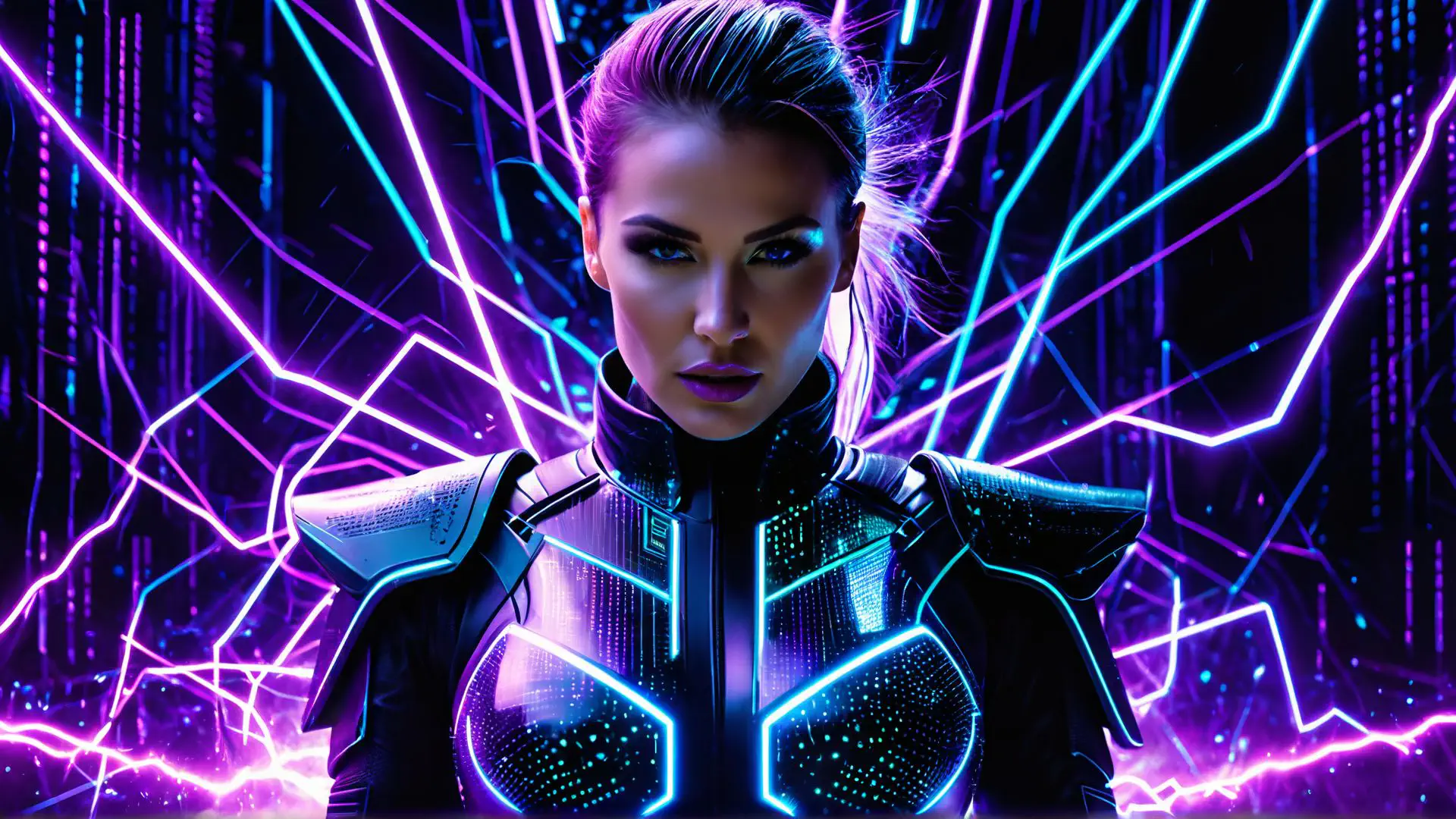 Futuristische neon portretfoto met cyberpunk kostuum en lichteffecten