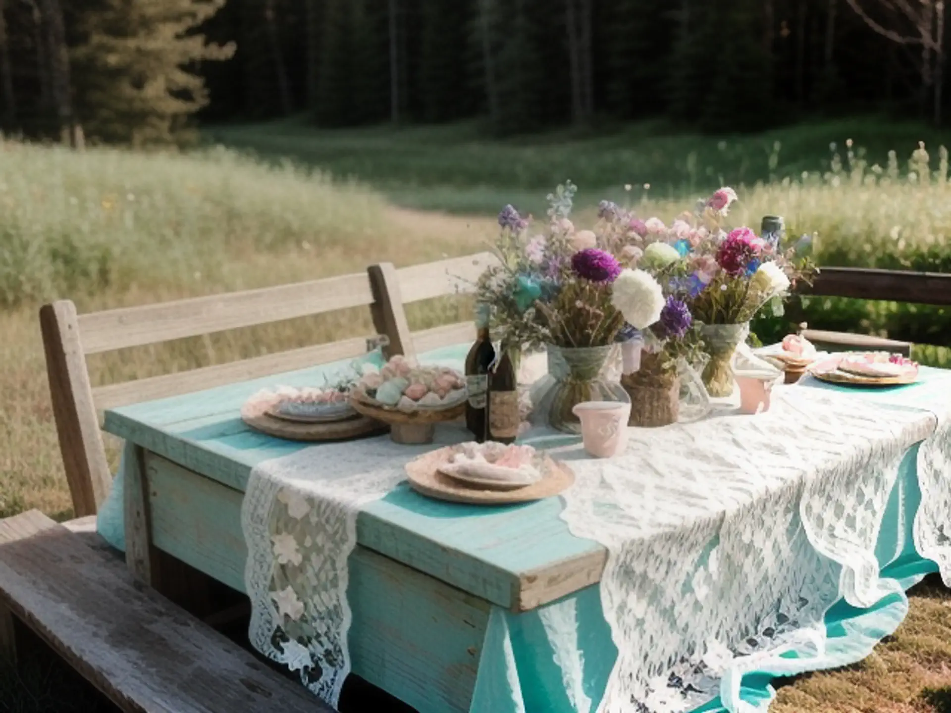 Romantische buitentafel met mintgroene decoratie en wilde bloemen