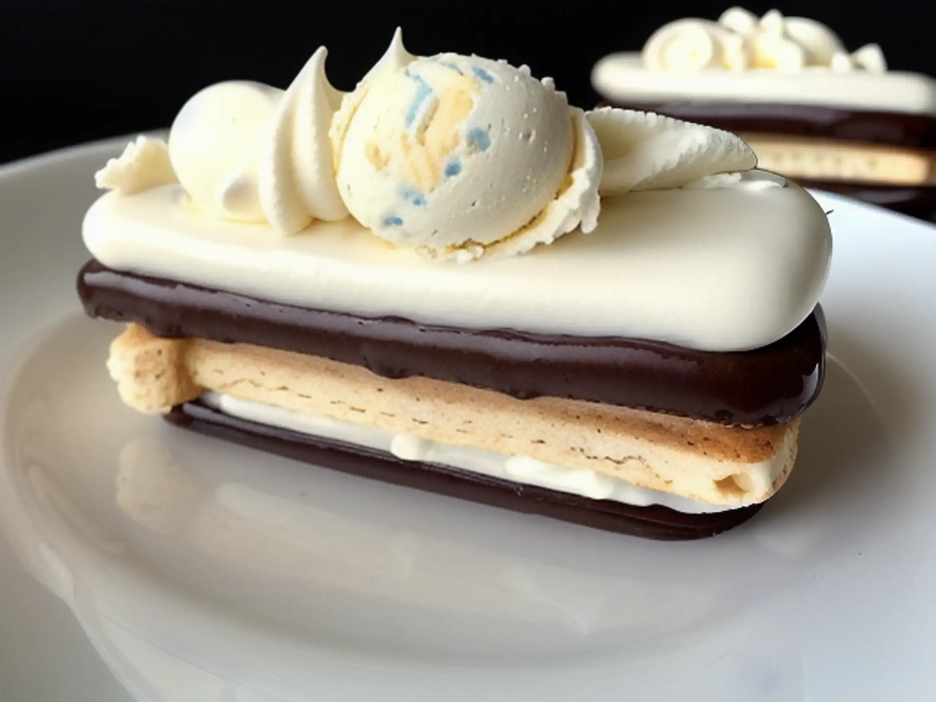 Luxe chocolade-eclair met witte topping en roomboter crème garnituur