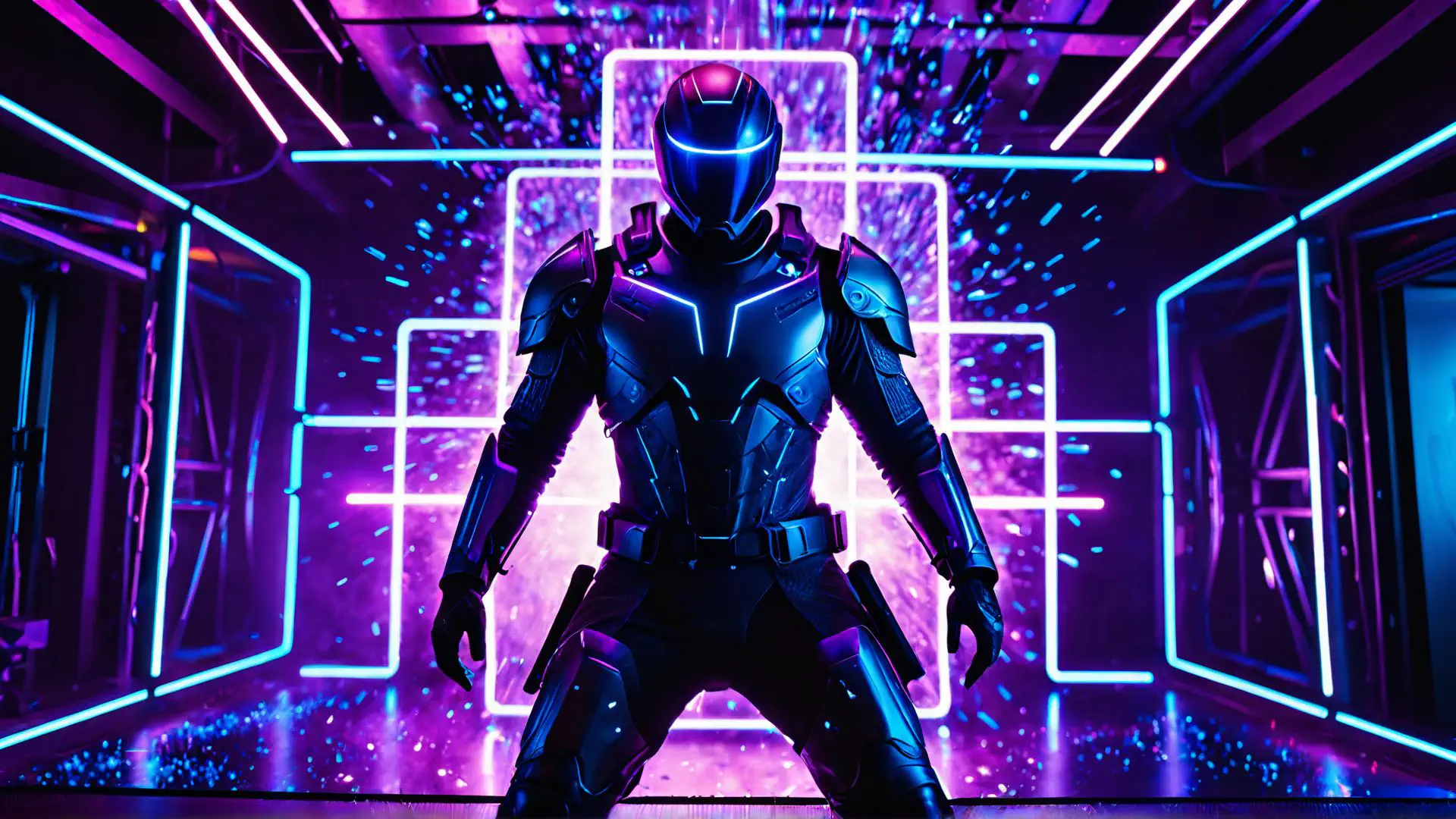 Futuristisch robotharnas in neon verlichte cyberpunk omgeving