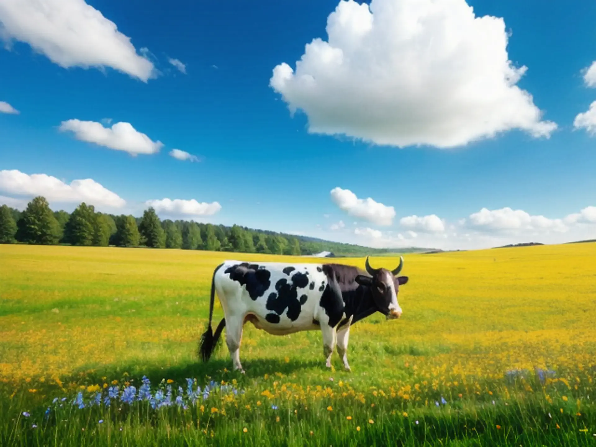 Hollandse zwartbonte koe in bloeiend voorjaarsweiland onder blauwe