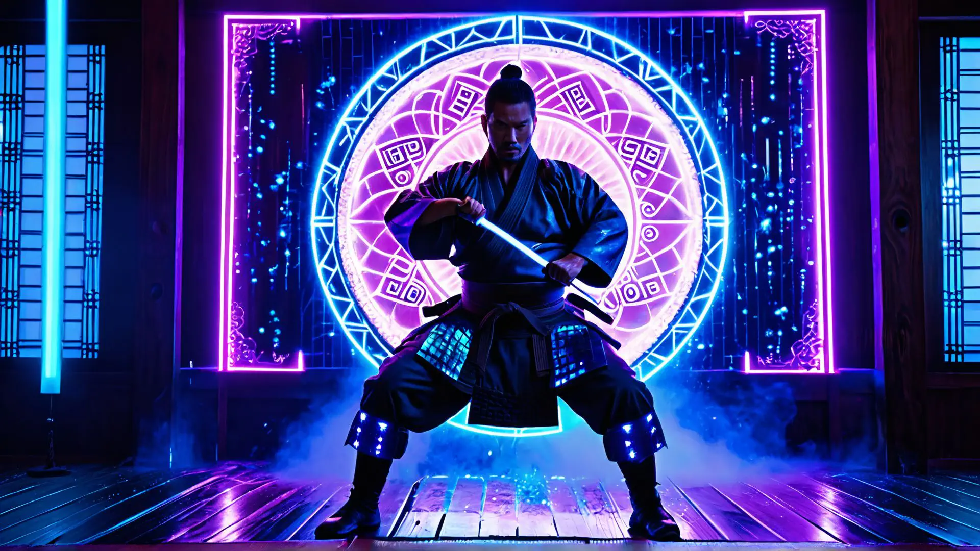 Neon samurai voor mystieke cirkel met paarse en blauwe verlichting