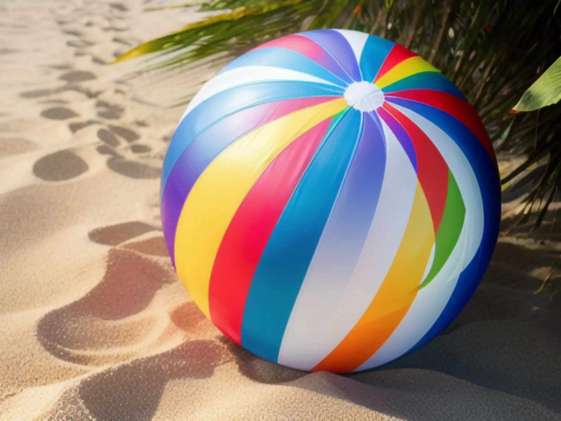 Kleurrijke strandbal op tropisch zand met palmbladeren schaduw