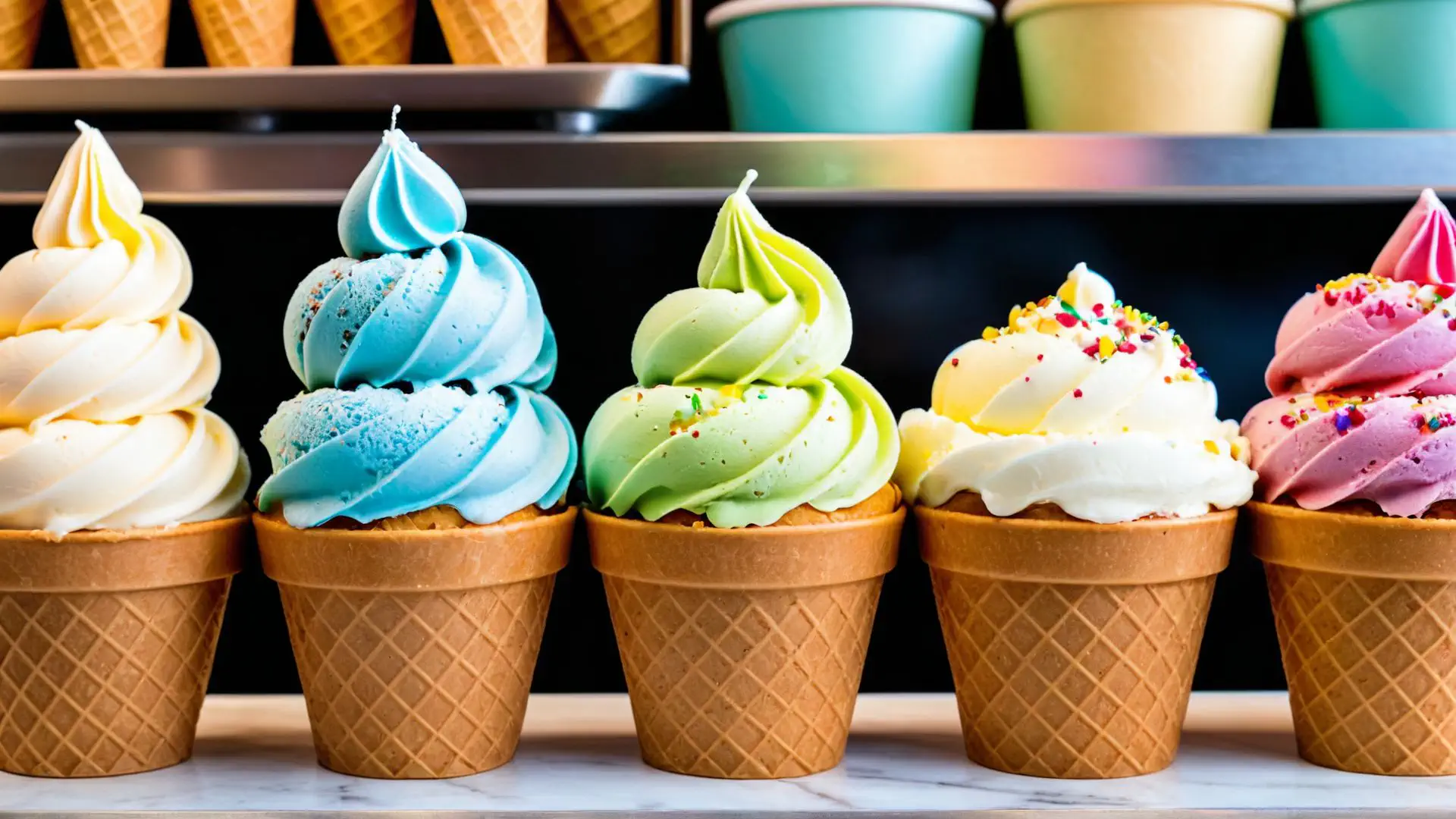 Kleurrijke softijs hoorntjes met vrolijke toppings in ijssalon
