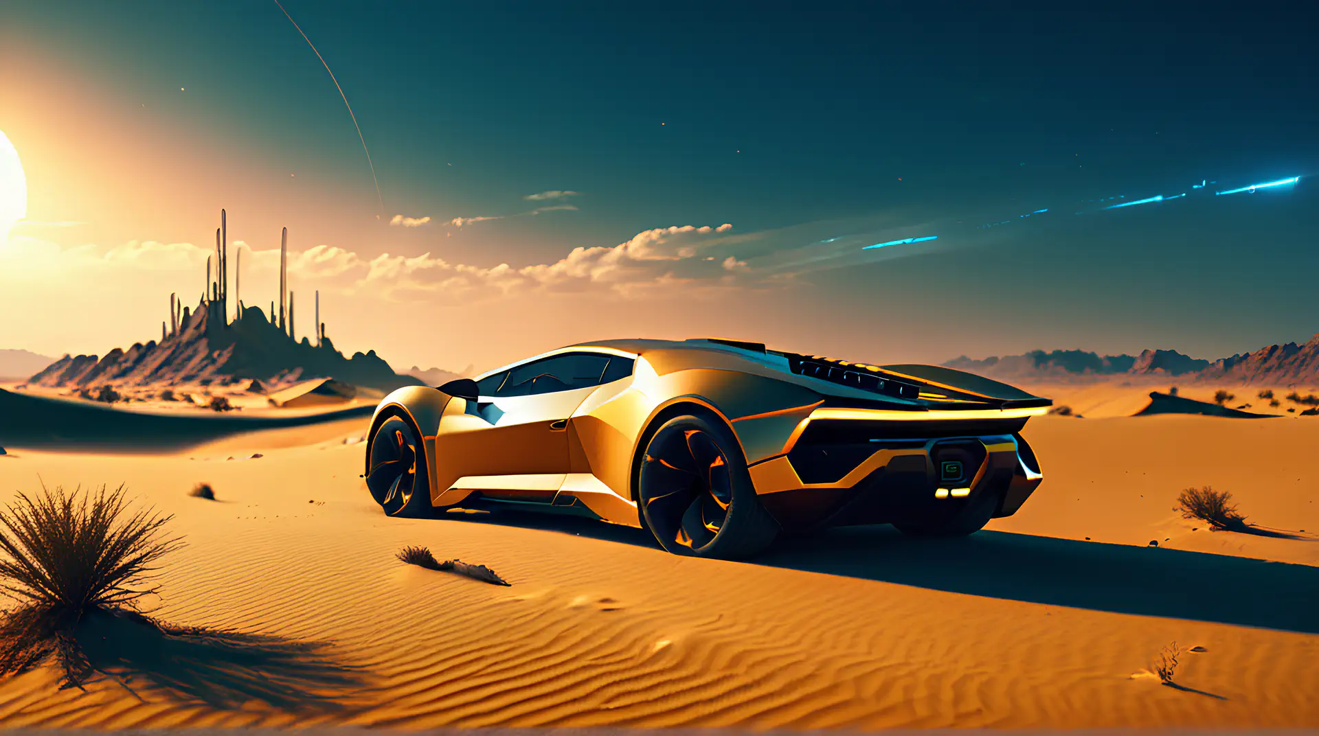 Gouden Supersportwagen in Sci-Fi Woestijnlandschap 4K Wallpaper