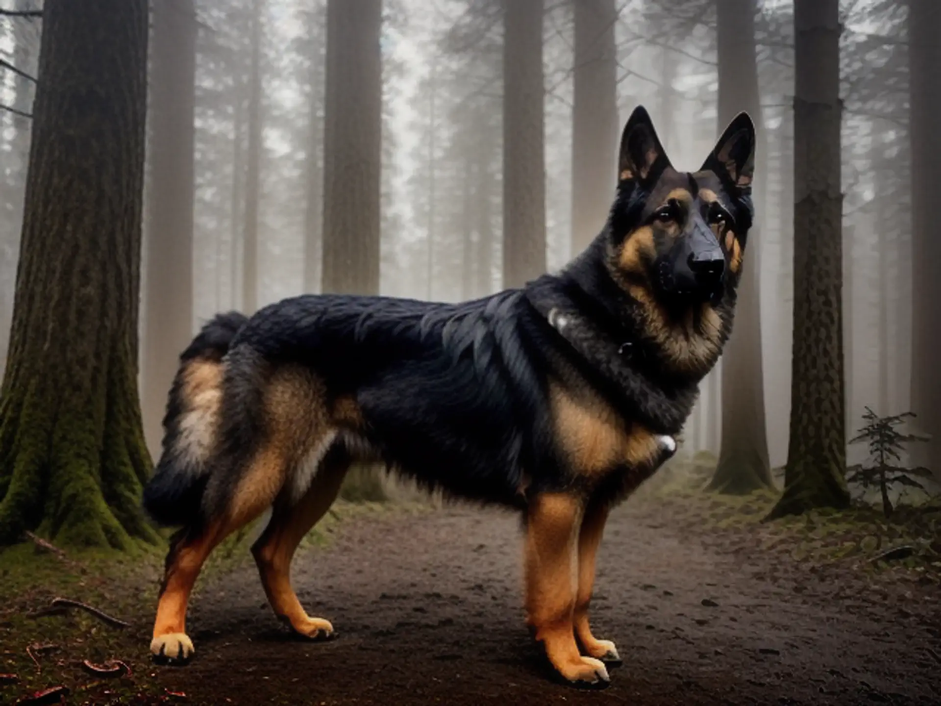 Majestueuze Duitse herder in mistig dennenbos tijdens schemering