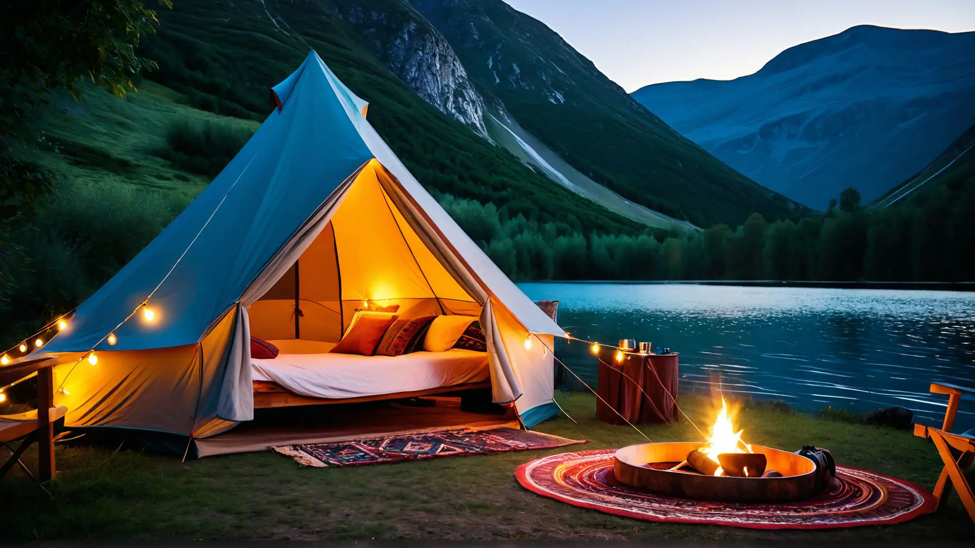 Luxe glamping tent aan bergmeer met kampvuur en sfeerverlichting