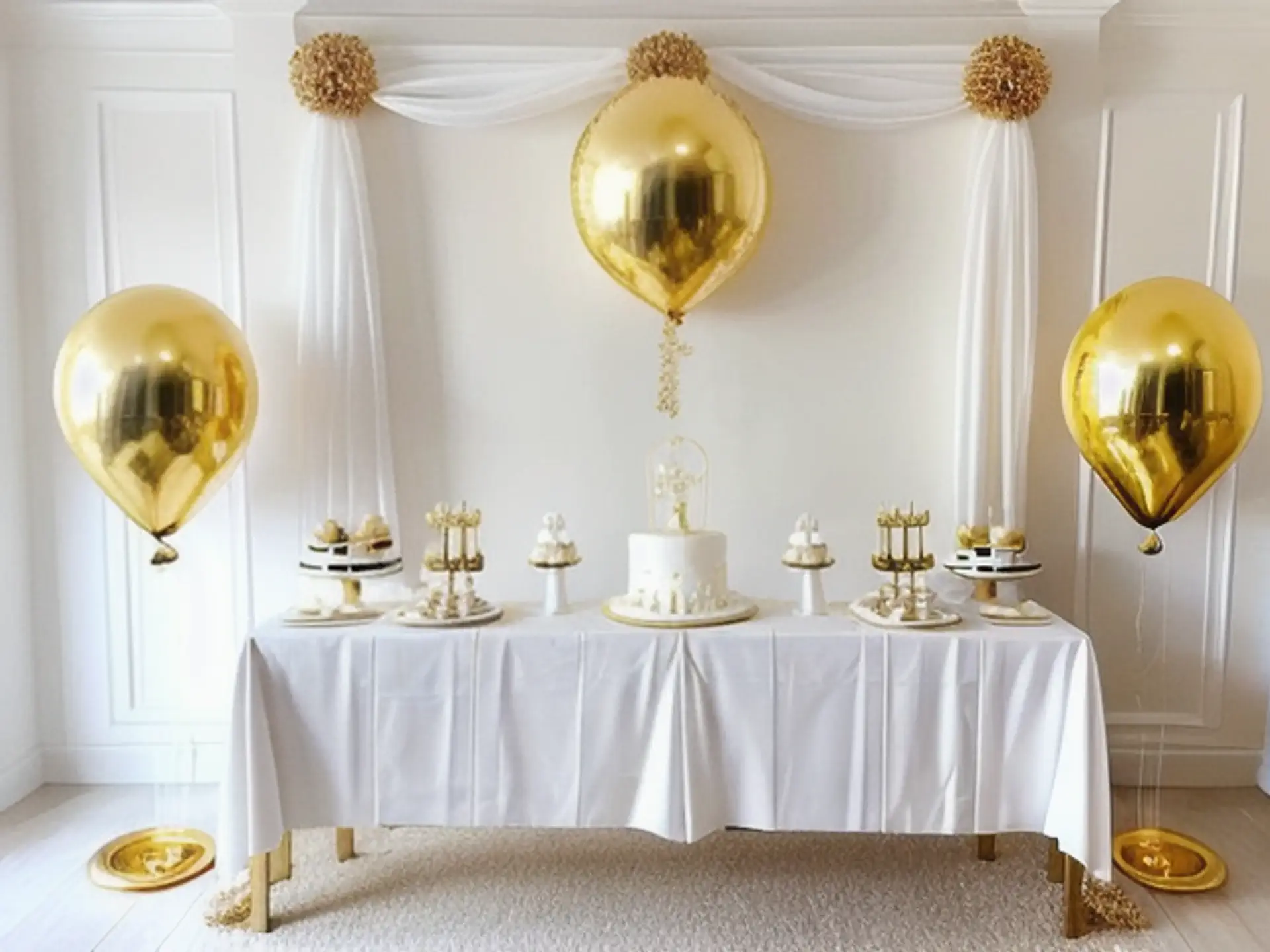 Luxe dessertbuffet met gouden ballonnen voor stijlvolle