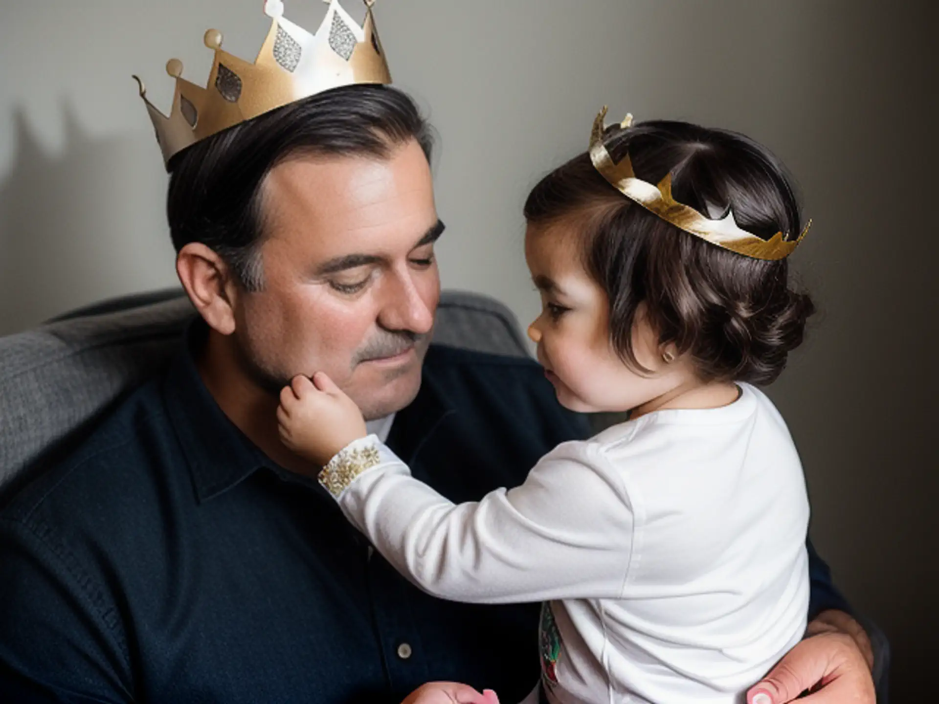 Speels vaderschap moment met gouden kroontjes - familieportret