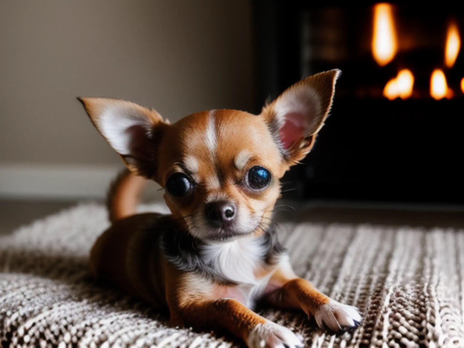 Schattige Chihuahua ontspant bij sfeervol haardvuur op gebreide deken