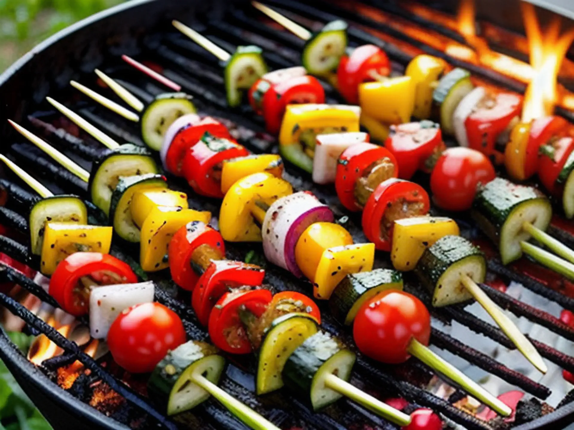 Kleurrijke groentespiesjes op barbecue met paprika en courgette