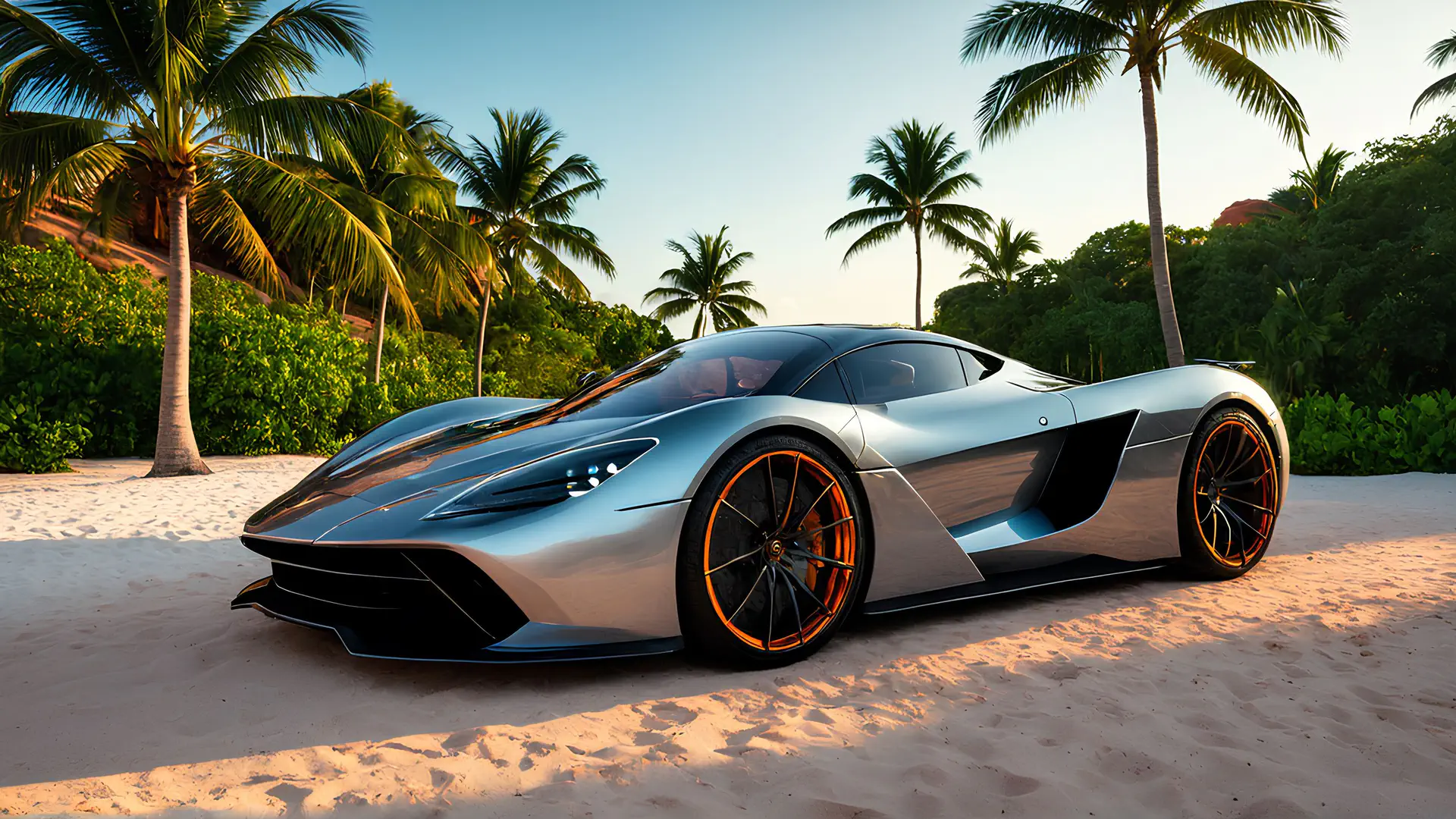 Exotische Supercar op Tropisch Strand met Palmbomen Wallpaper 4K