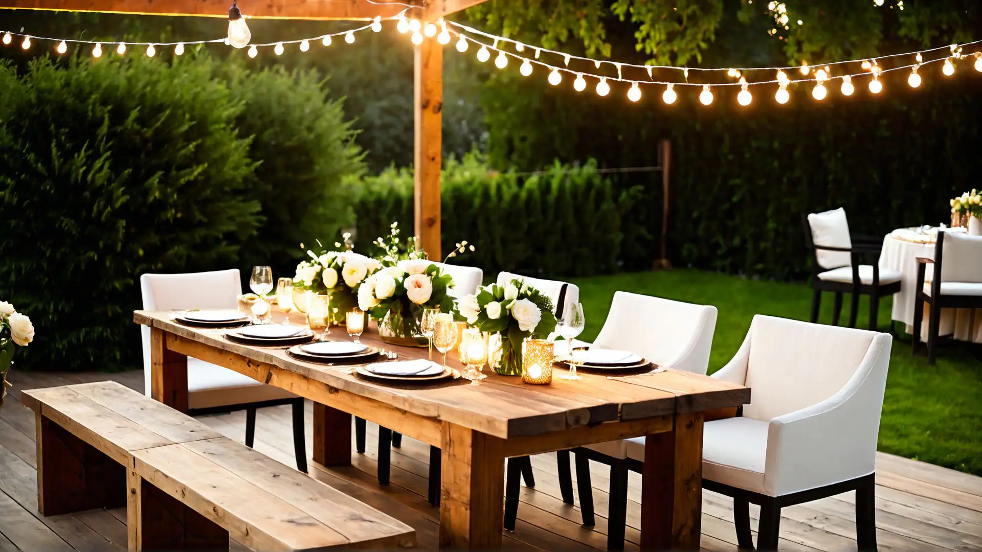 Sfeervolle tuintafel met lichtslinger voor zomeravond dineren buiten