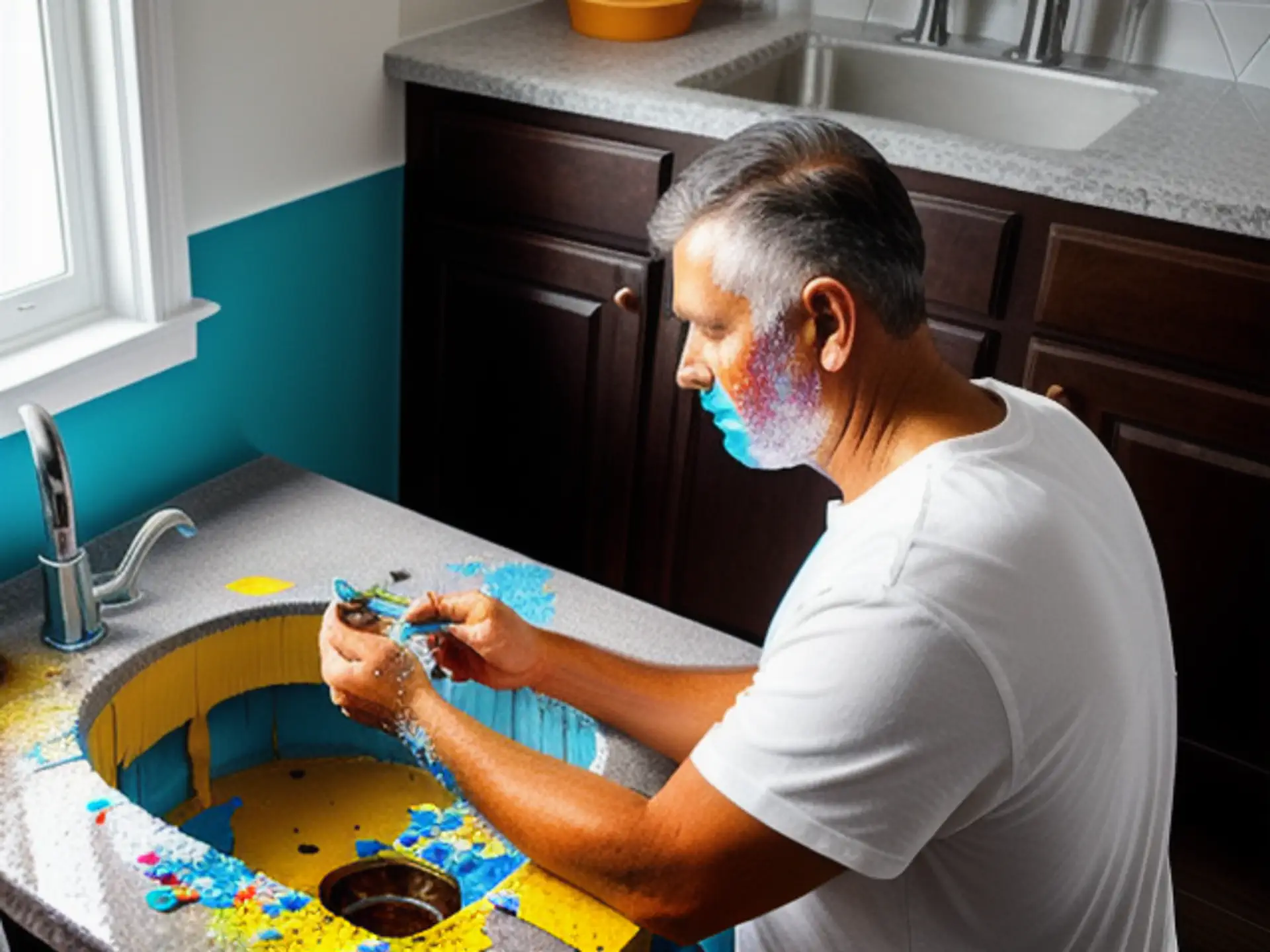 Creatieve kleurexplosie in moderne keuken met glitterpoeder fotoshoot