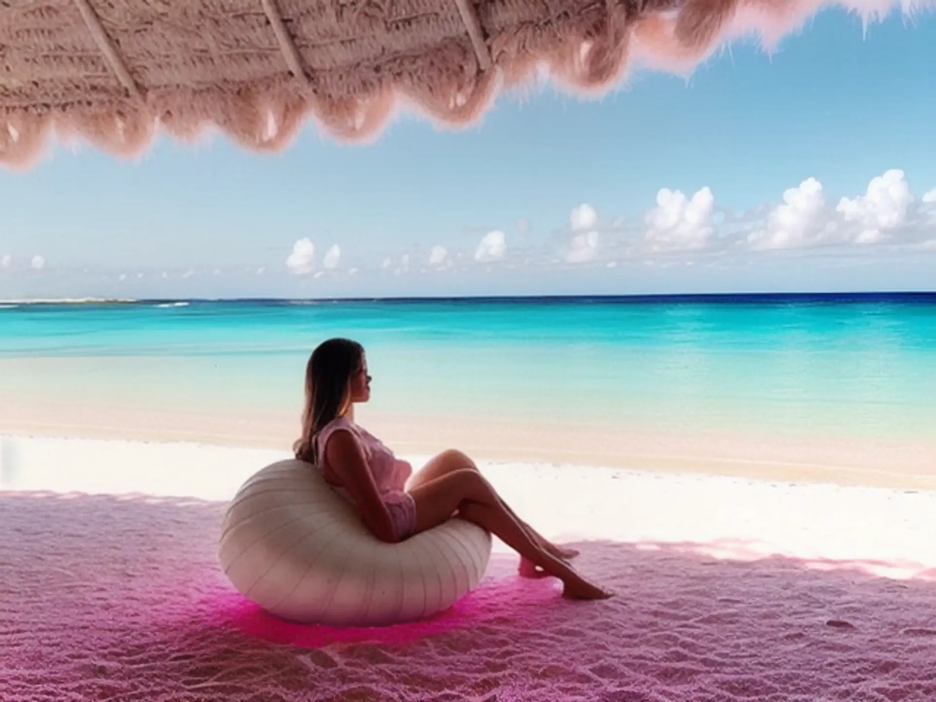 Ontspannen op tropisch strand met turquoise zee onder rieten parasol