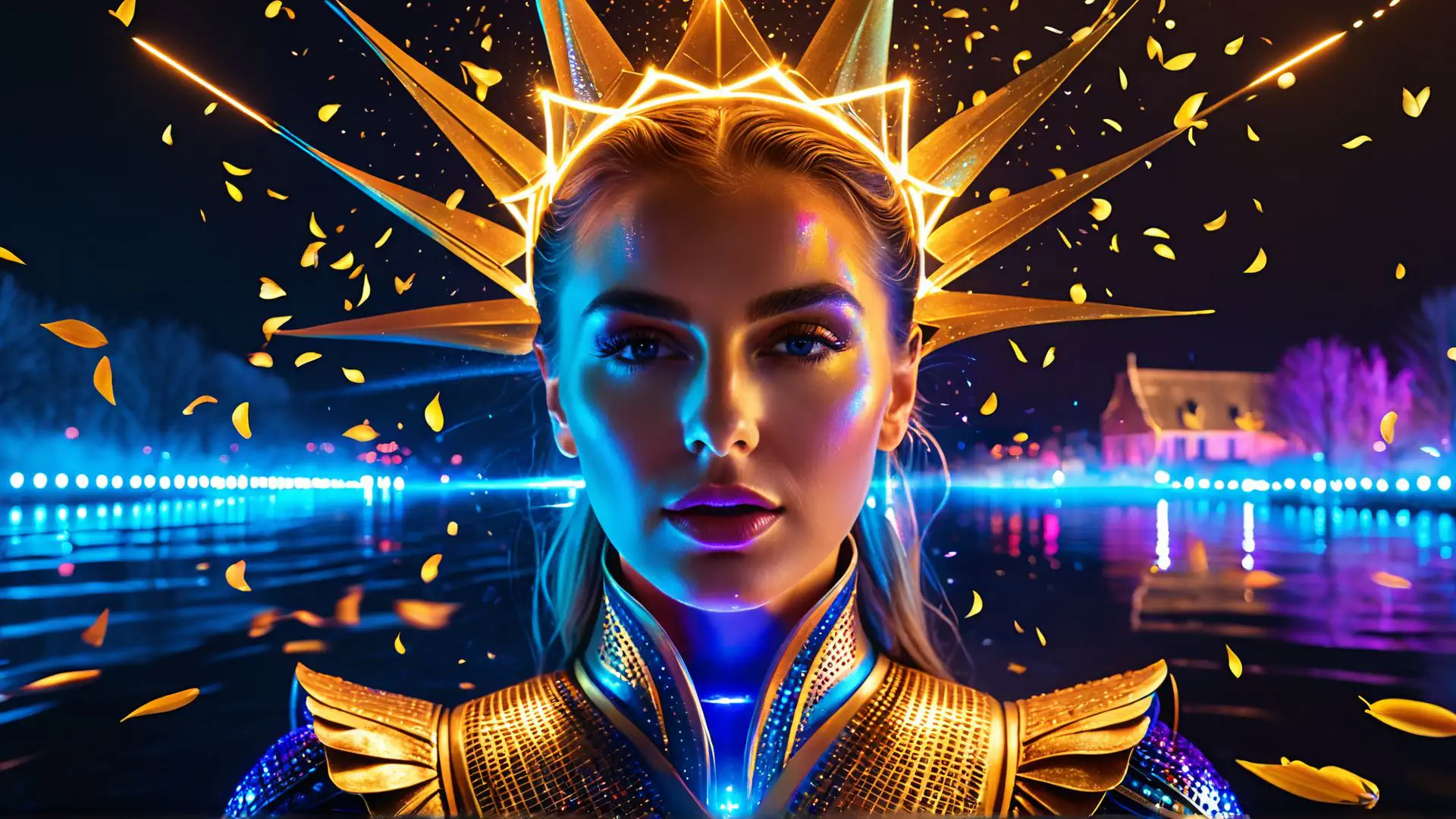 Futuristische fantasie portret met gouden kroon en neonverlichting