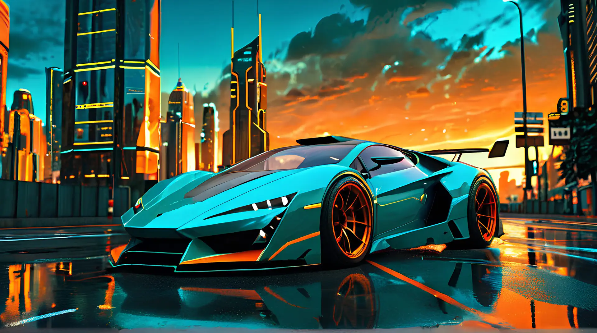Turquoise Superauto in Futuristische Zonsondergang