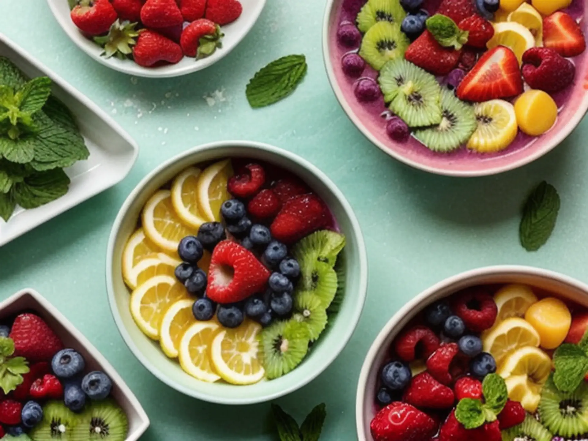 Kleurrijke fruitbowls met vers fruit en bessen voor gezond ontbijt