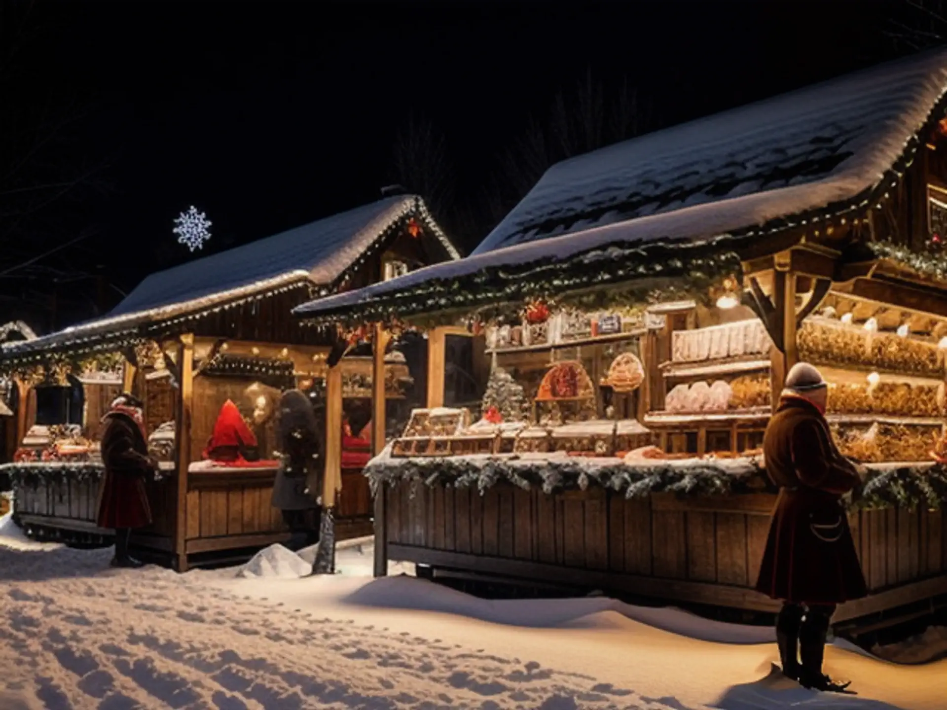 Sfeervolle kerstmarkt kraampjes in de sneeuw met winterse verlichting