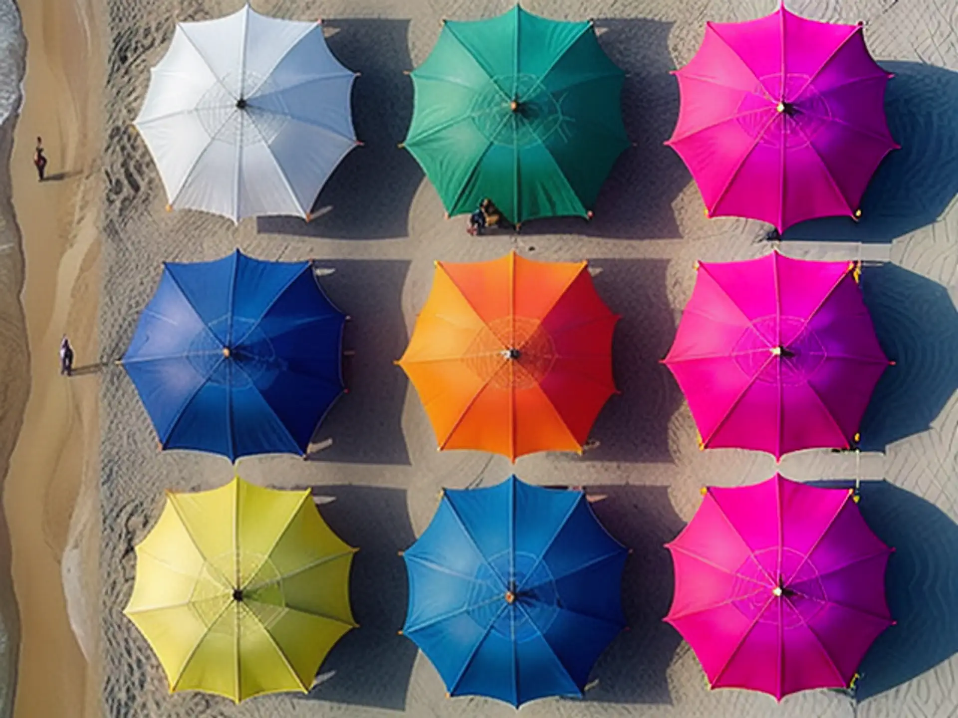 Kleurrijke strandparasols van bovenaf gezien op zonnig strand