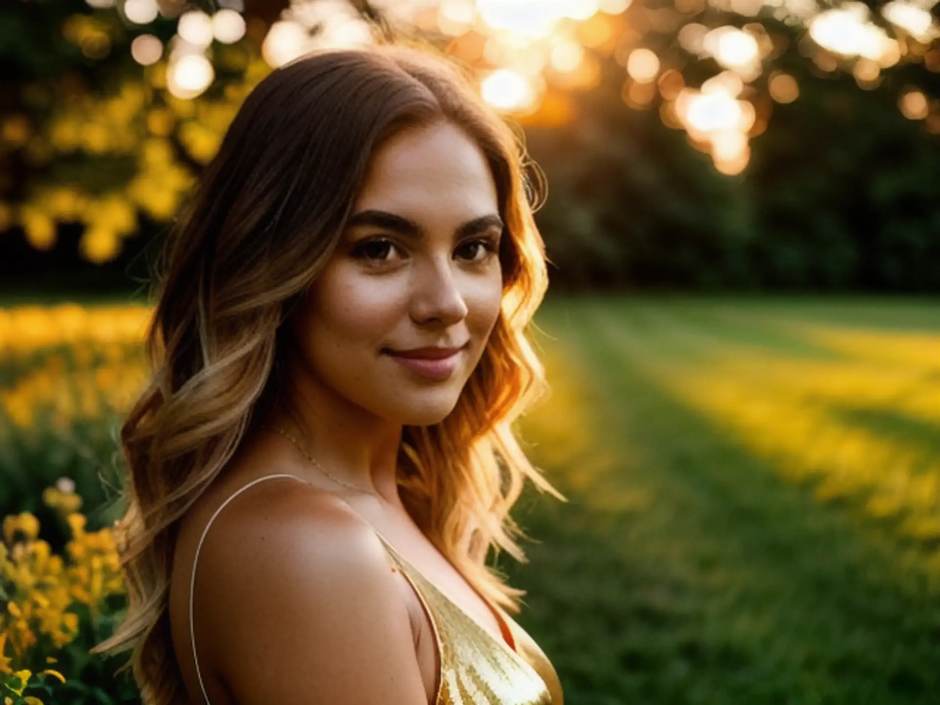 Zomerse portretfoto bij gouden zonsondergang in bloemenweide